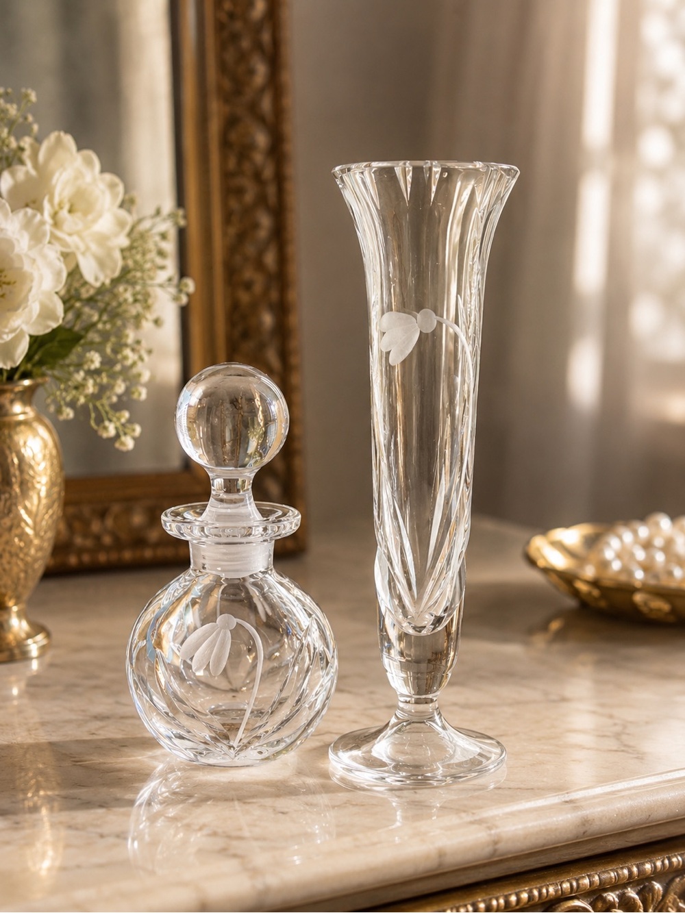 VTG ~ Crystal Etched Glass Bud Vase and Perfume Bottle Set